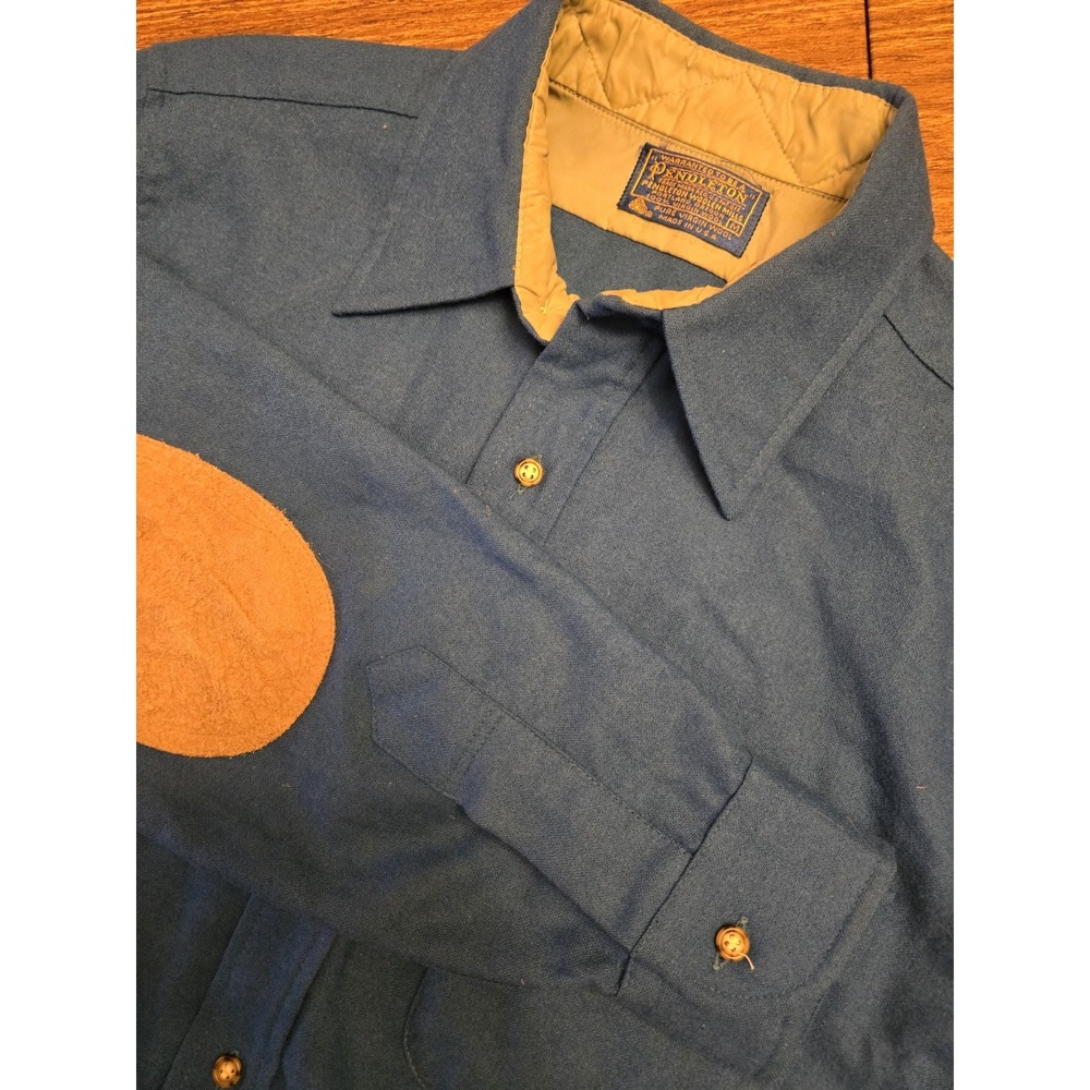 Vintage Men's Pendleton Trail Elbow Patch Wool Navy Blue Button Up Shirt Medium